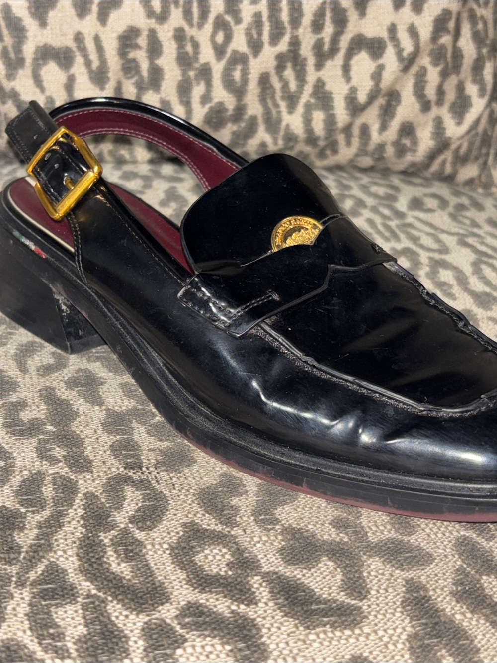Franco Sarto slingback penny loafer mules black leather heeled mule gold buckle